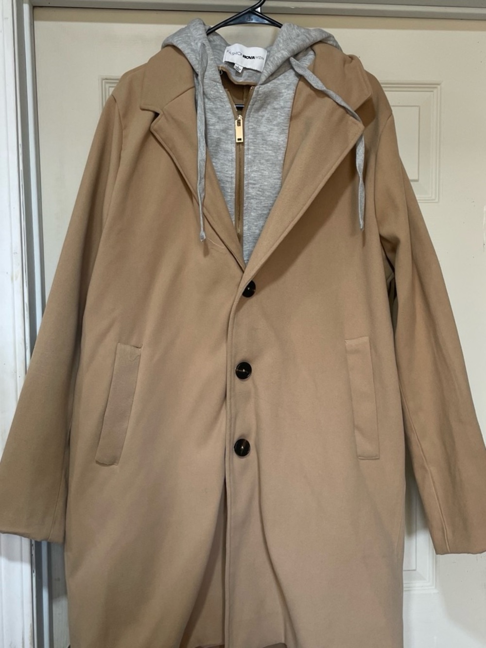 Fashion Nova Camel Trench Coat with Gray Hoodie Layer